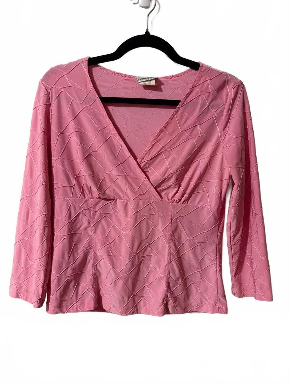 Vtg Fashion Bug Blouse Womens Medium Pink Faux Wrap V-Neck Textured 3/4 Sleeve
